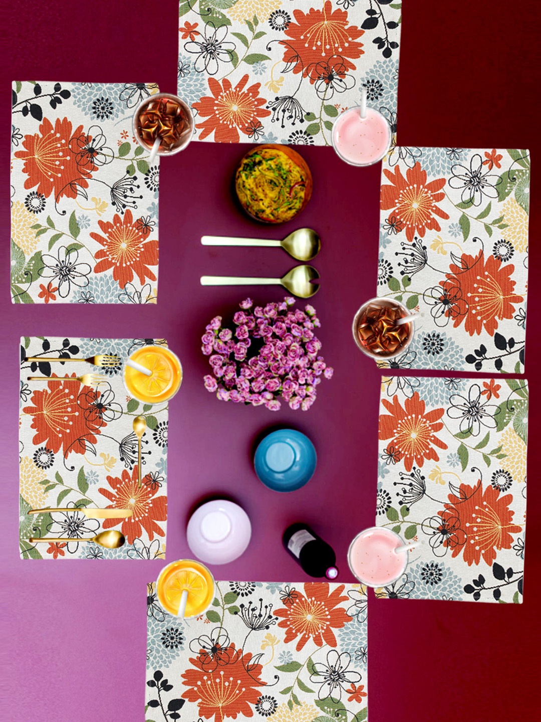 

AVI Living Set Of 6 White & Green Jacquard Floret Table Placemats