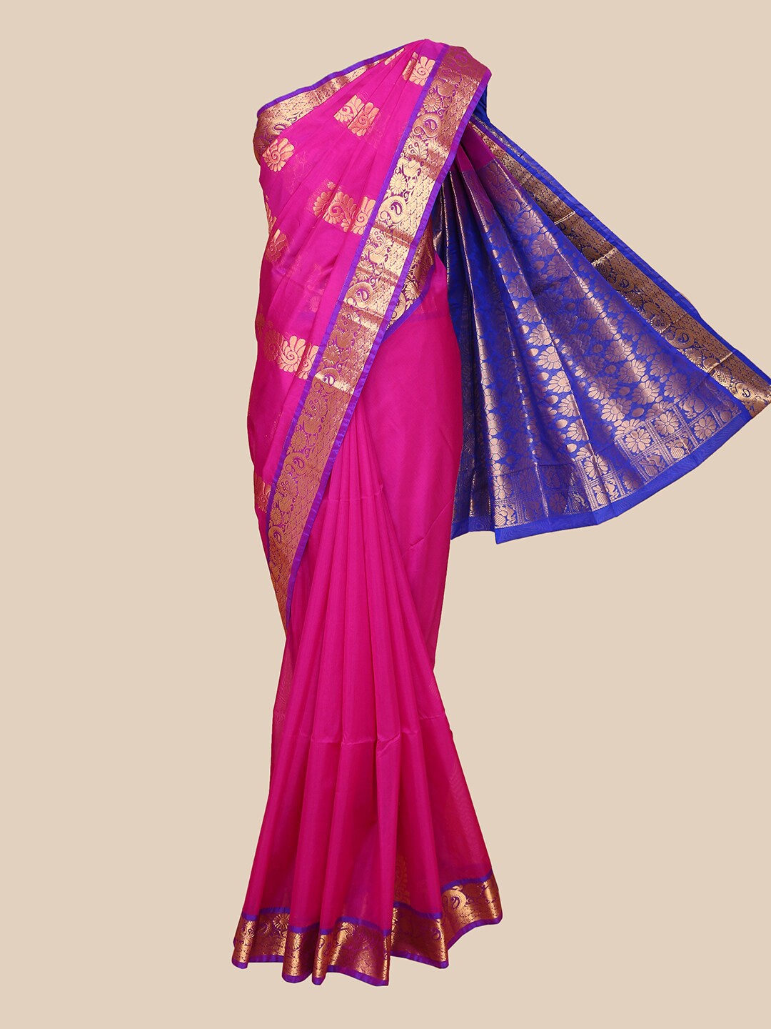 

The Chennai Silks Magenta & Blue Ethnic Motifs Zari Silk Cotton Maheshwari Saree