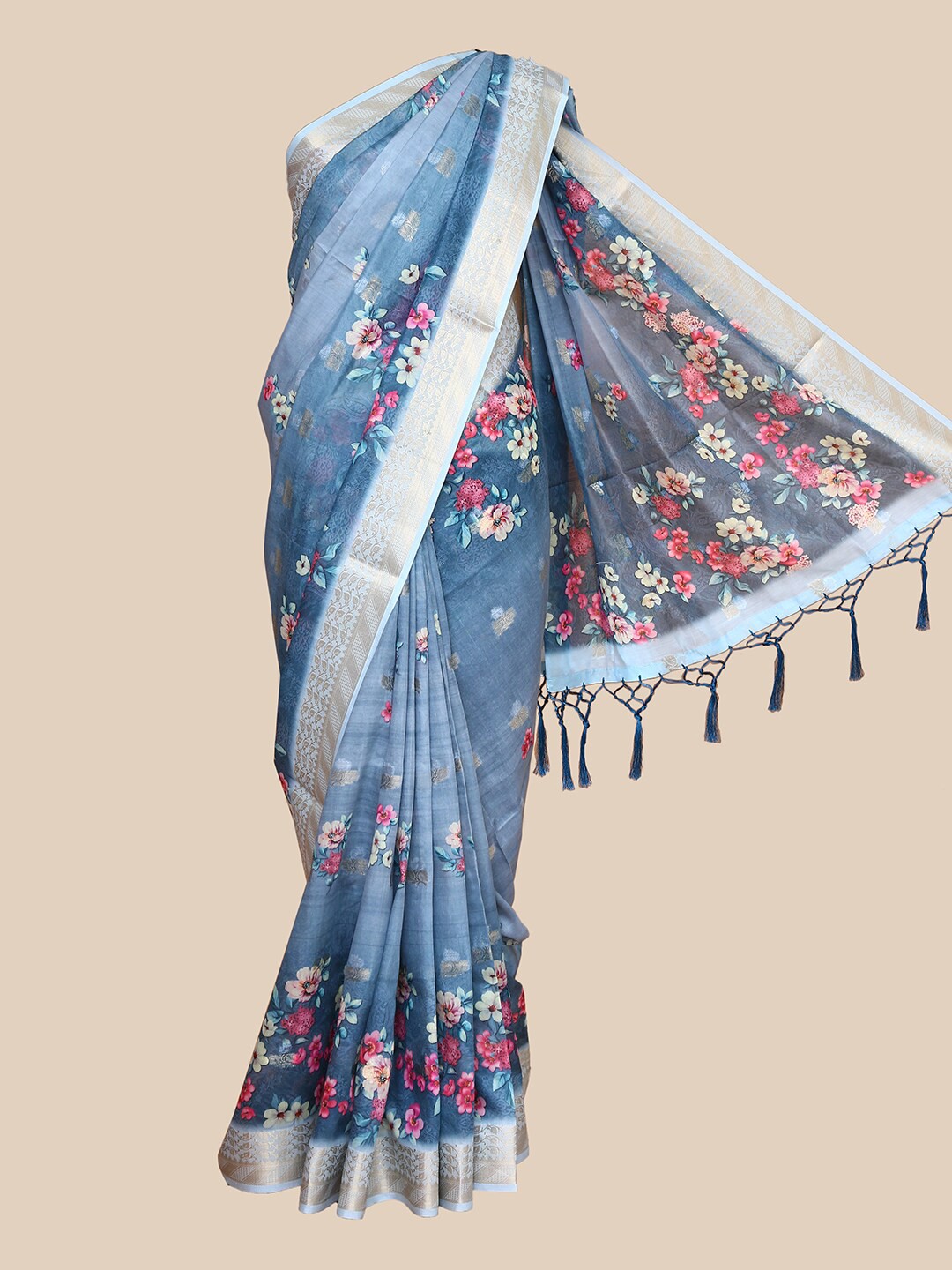 

The Chennai Silks Grey & Silver-Coloured Floral Printed Chanderi Saree