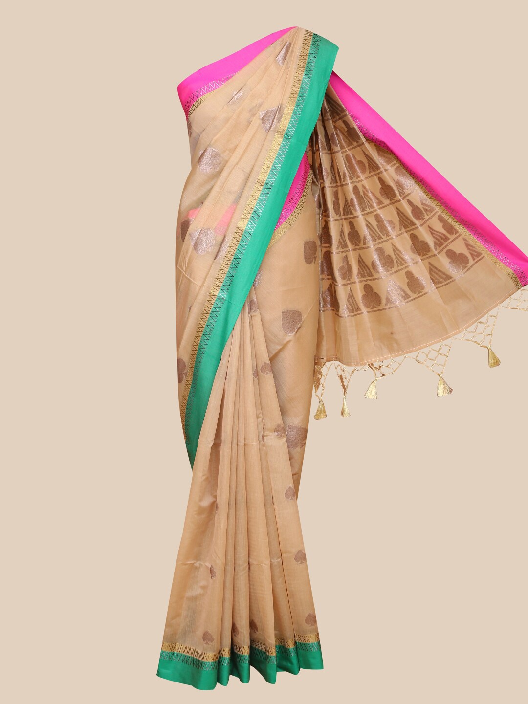 

The Chennai Silks Brown & Pink Zari Silk Cotton Maheshwari Saree