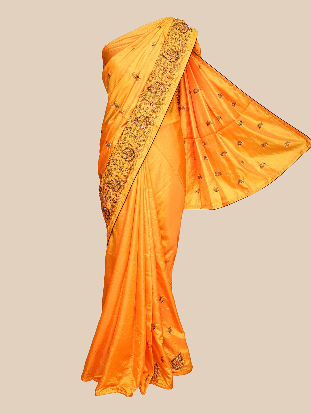 

The Chennai Silks Orange & Red Floral Beads & Stones Dupion Silk Banarasi Saree