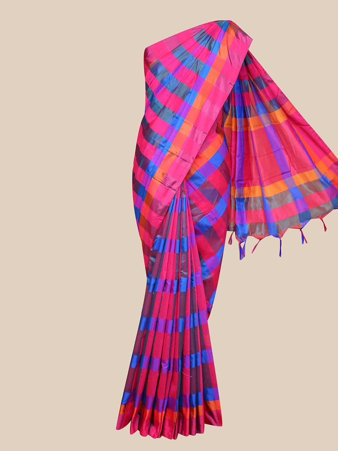 

The Chennai Silks Blue & Pink Checked Chanderi Saree