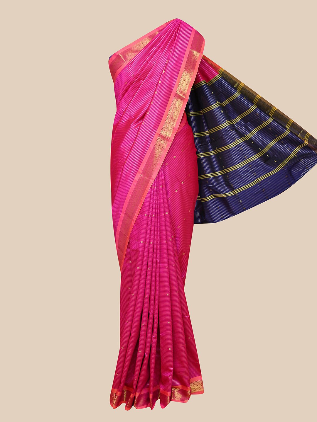 

The Chennai Silks Magenta Pink & Gold-Toned Striped Zari Art Silk Saree