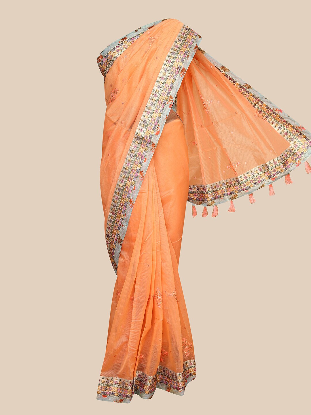 

The Chennai Silks Orange & Grey Ethnic Motifs Embroidered Supernet Manipuri Kota Saree