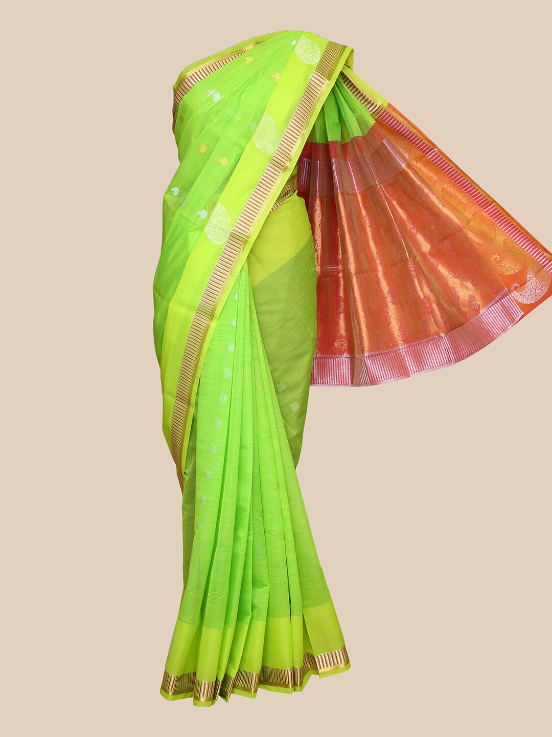 

The Chennai Silks Lime Green & Gold-Toned Ethnic Motifs Silk Cotton Fusion Maheshwari Saree