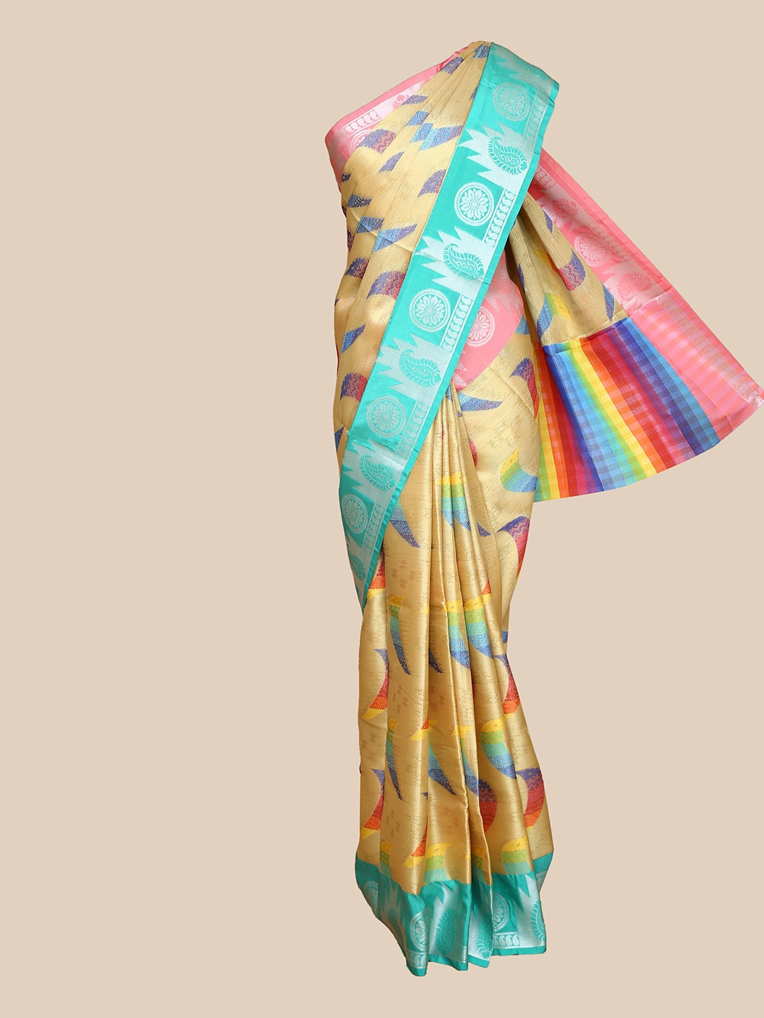 

The Chennai Silks Yellow & Blue Ethnic Motifs Zari Silk Blend Saree
