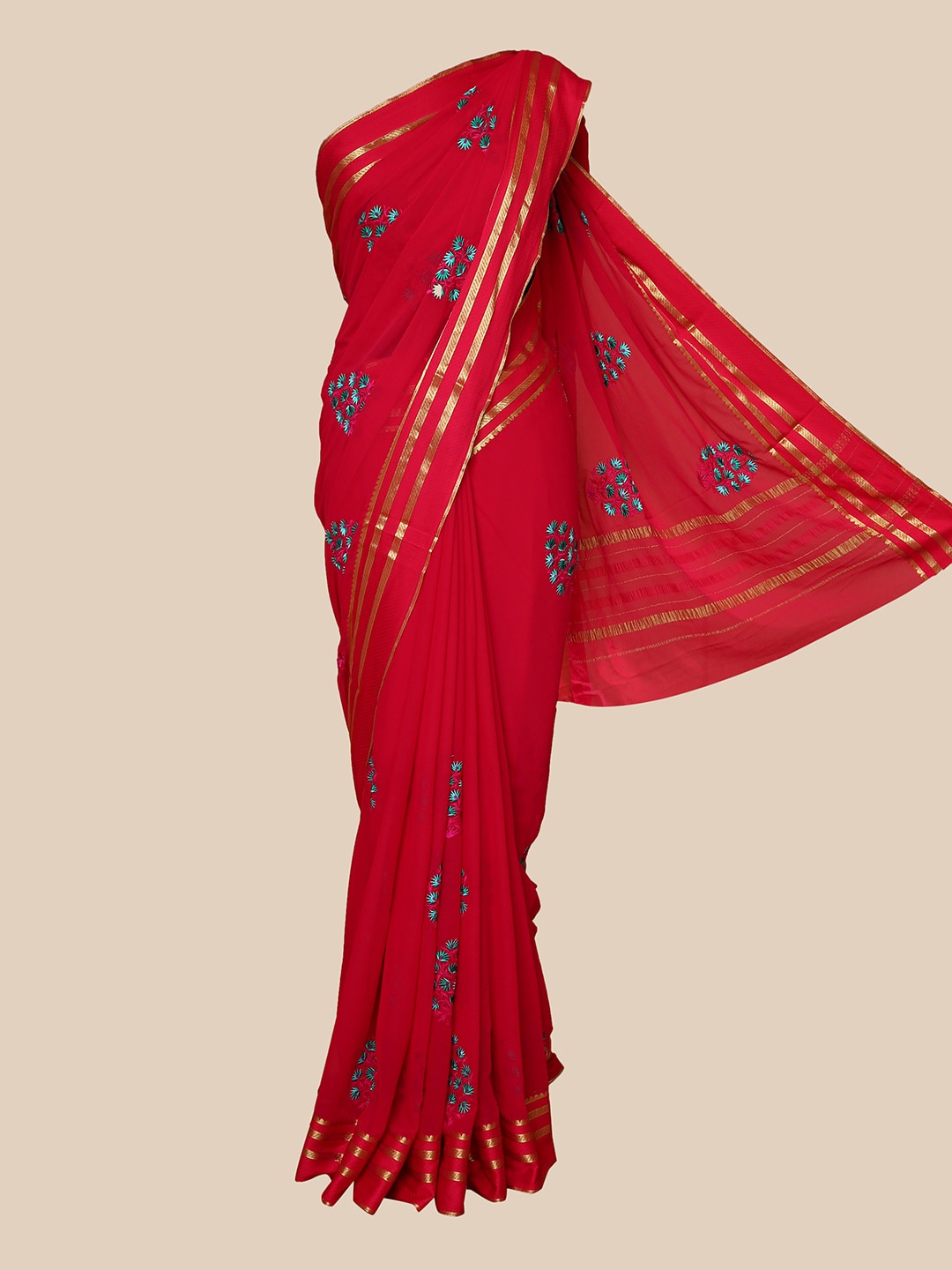 

The Chennai Silks Magenta & Sea Green Floral Embroidered Saree