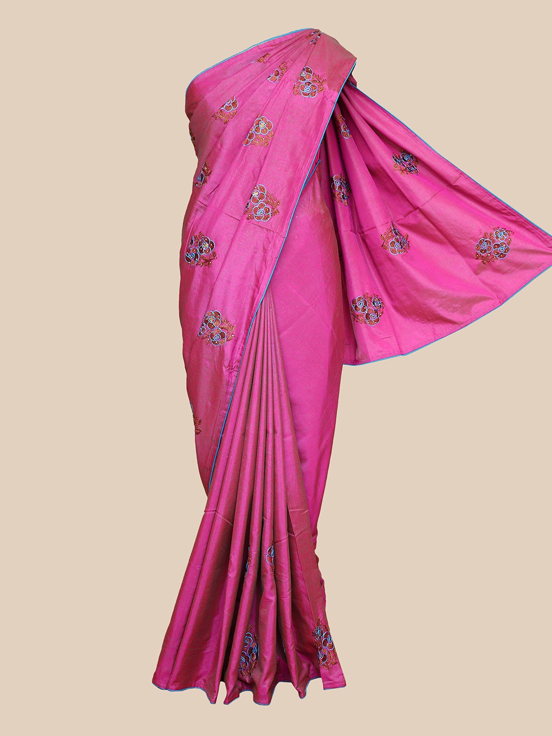 

The Chennai Silks Pink & Blue Embroidered Fusion Banarasi Saree