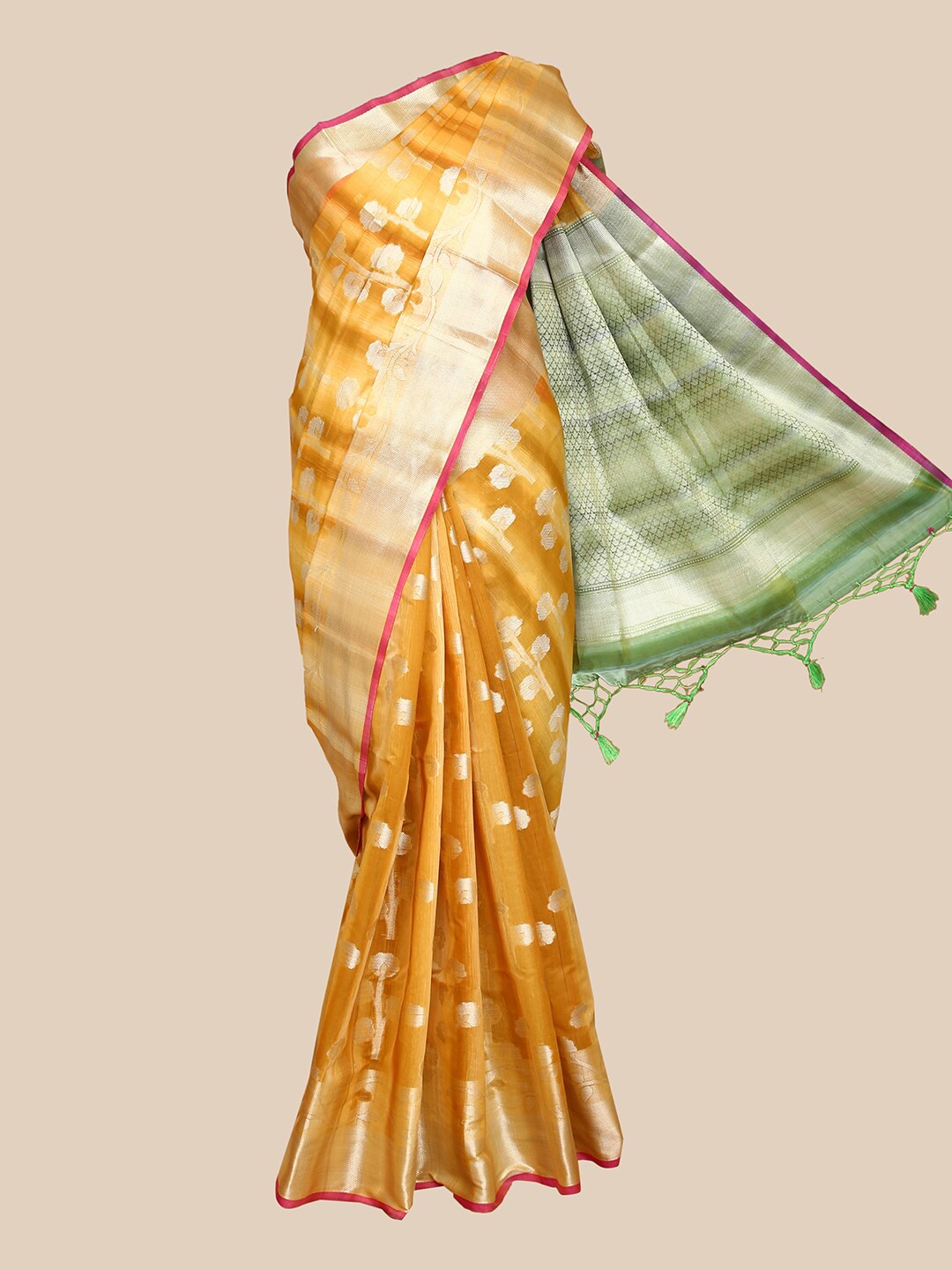 

The Chennai Silks Mustard & Gold-Toned Floral Silk Cotton Maheshwari Saree