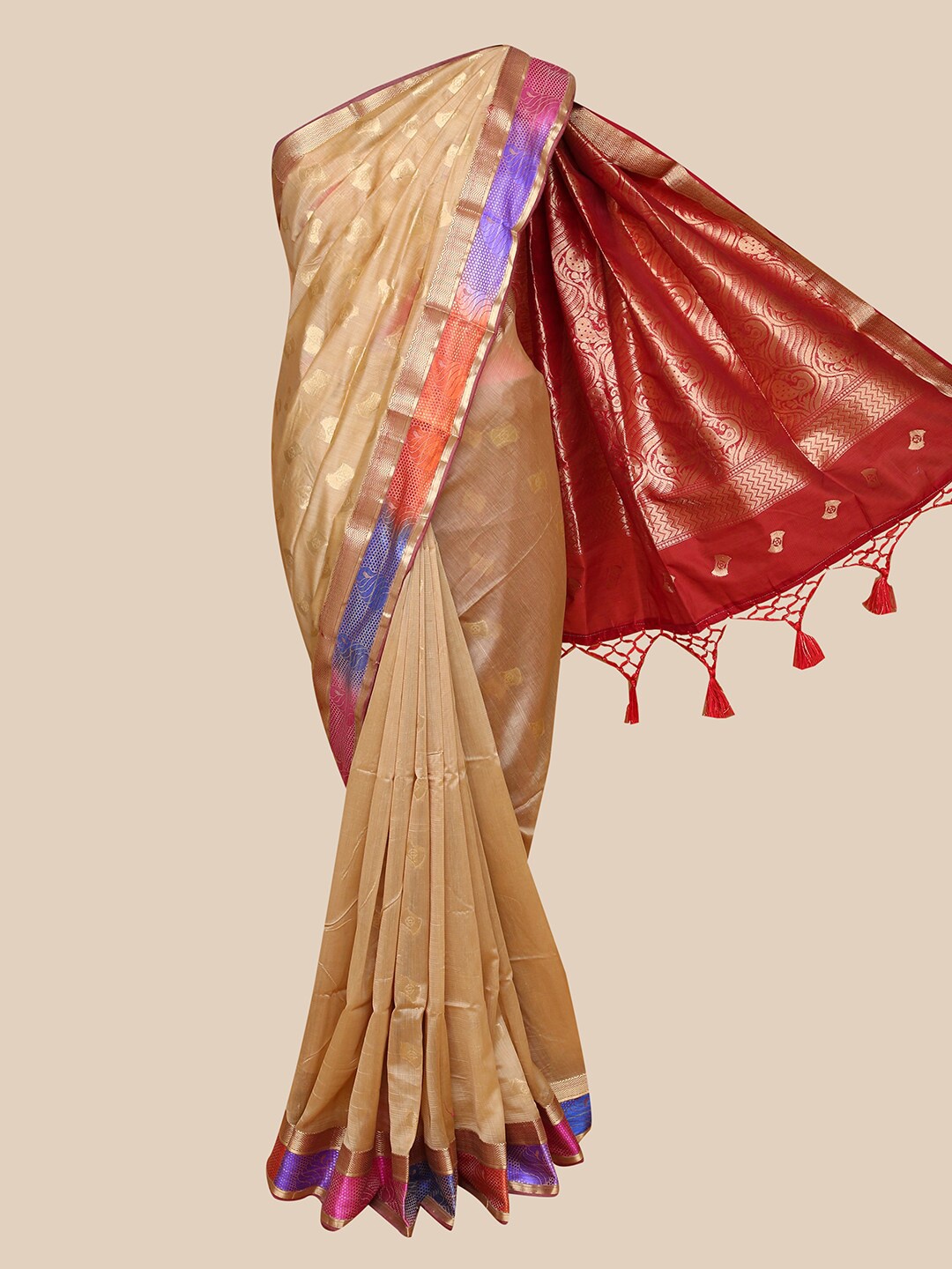 

The Chennai Silks Brown & Maroon Ethnic Motifs Woven Design Silk Cotton Maheshwari Saree