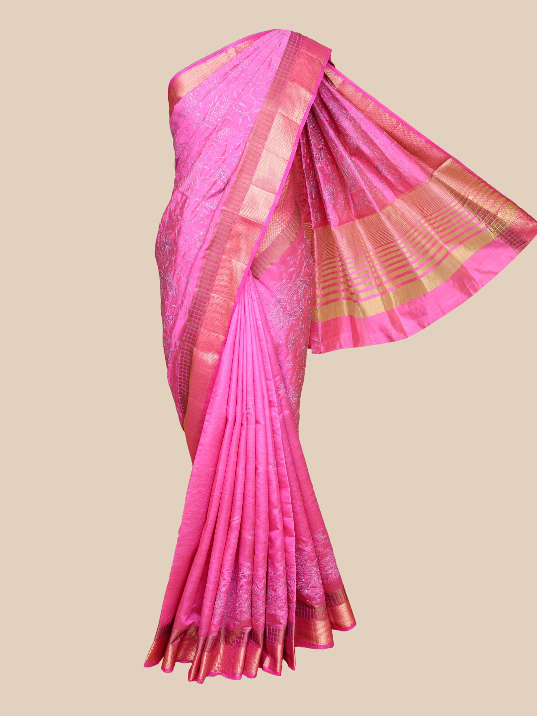 

The Chennai Silks Pink & Gold-Coloued Floral Embroidered Saree