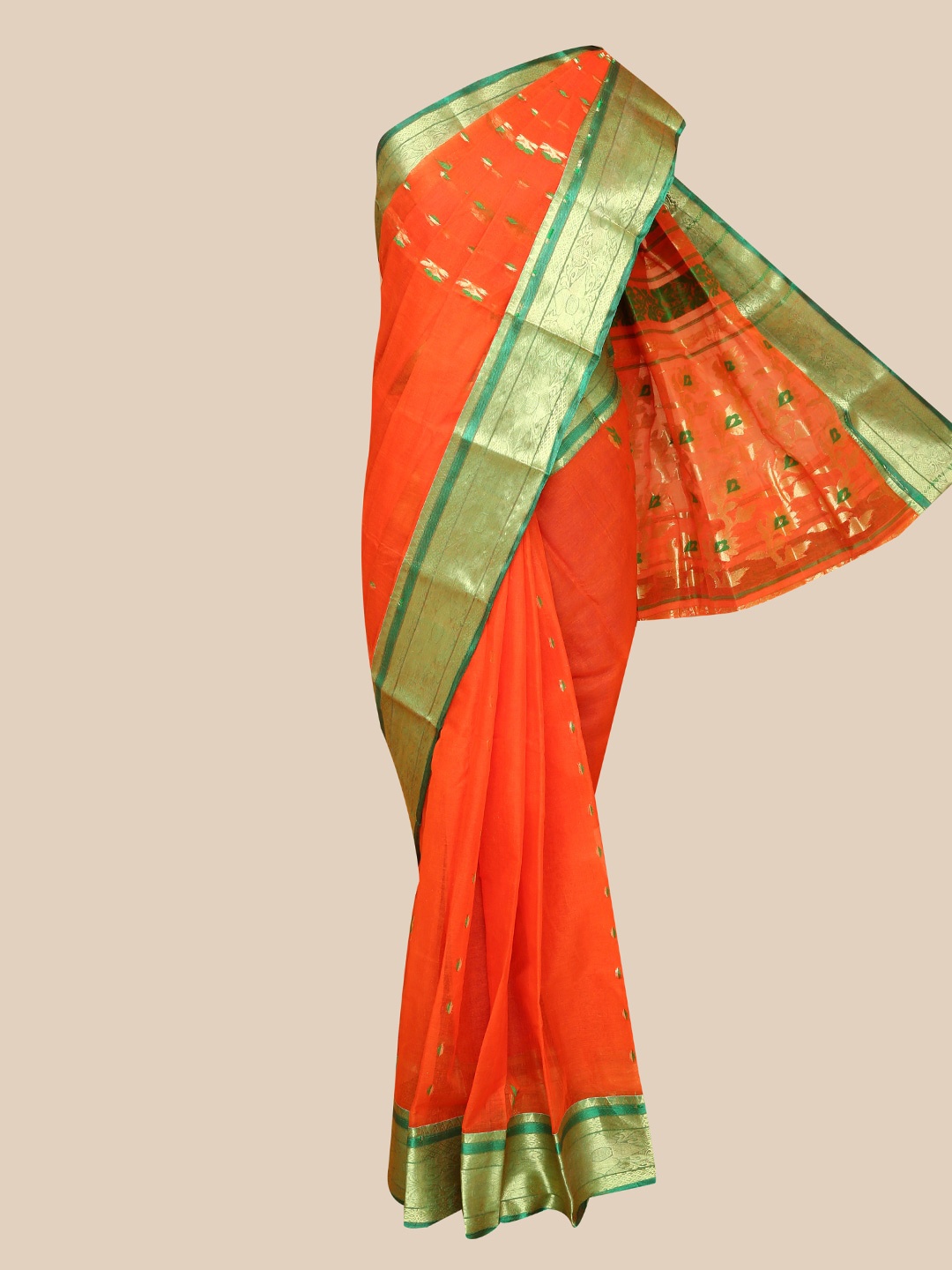 

The Chennai Silks Orange & Green Zari Pure Cotton Fusion Taant Saree