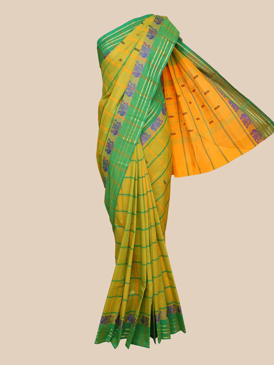 

The Chennai Silks Green & Yellow Checked Pure Cotton Chettinad Saree