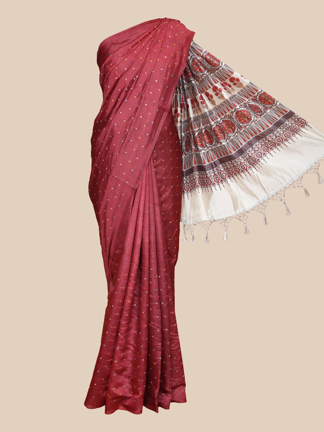 

The Chennai Silks Maroon & Orange Embellished Beads and Stones Saree