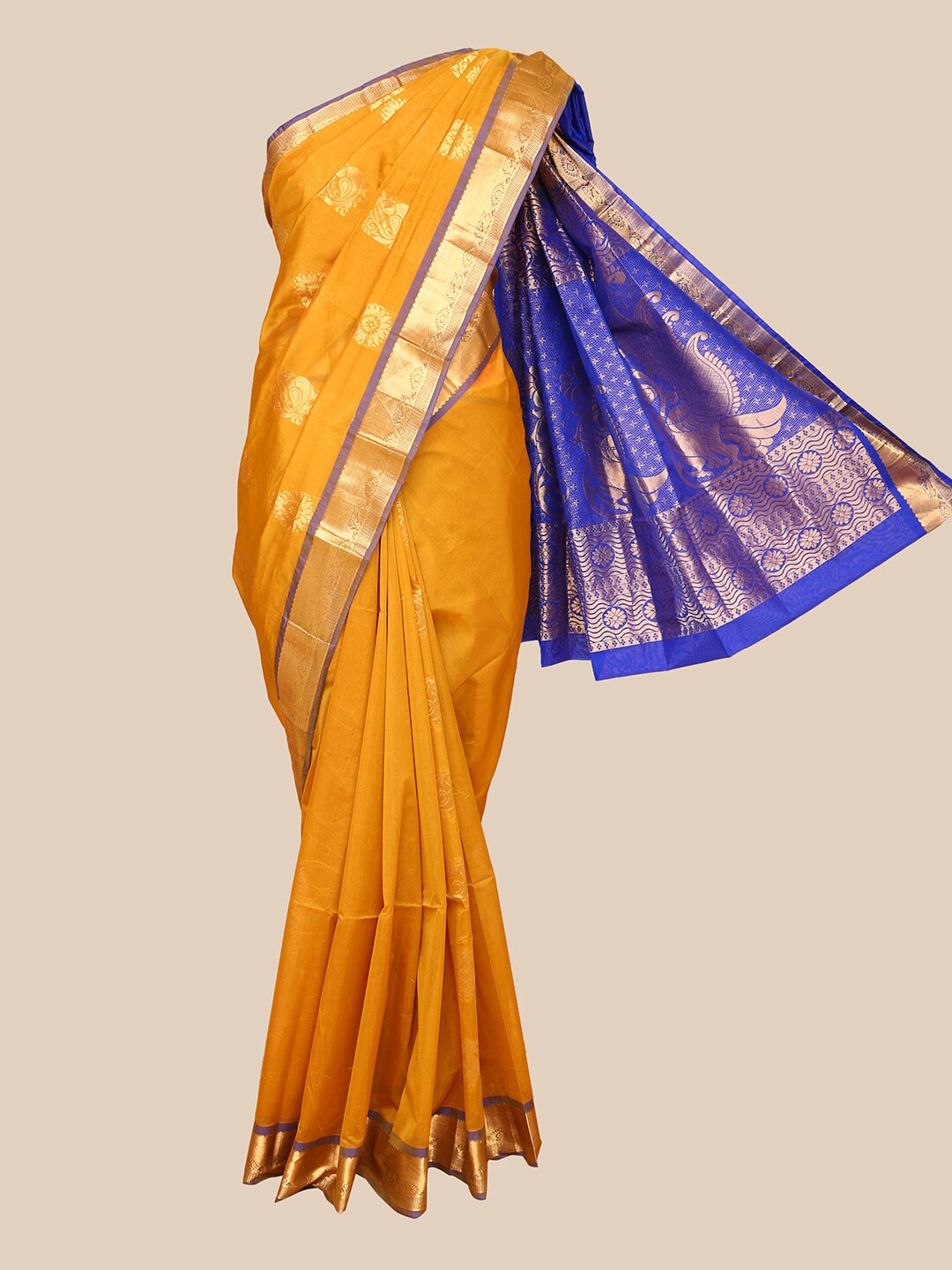 

The Chennai Silks Mustard & Gold-Toned Woven Design Silk Cotton Fusion Maheshwari Saree