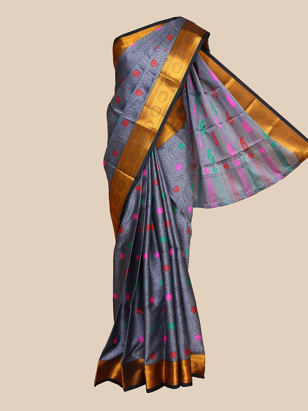 

The Chennai Silks Grey & Gold-Coloured Ethnic Motifs Woven Design Silk Blend Saree
