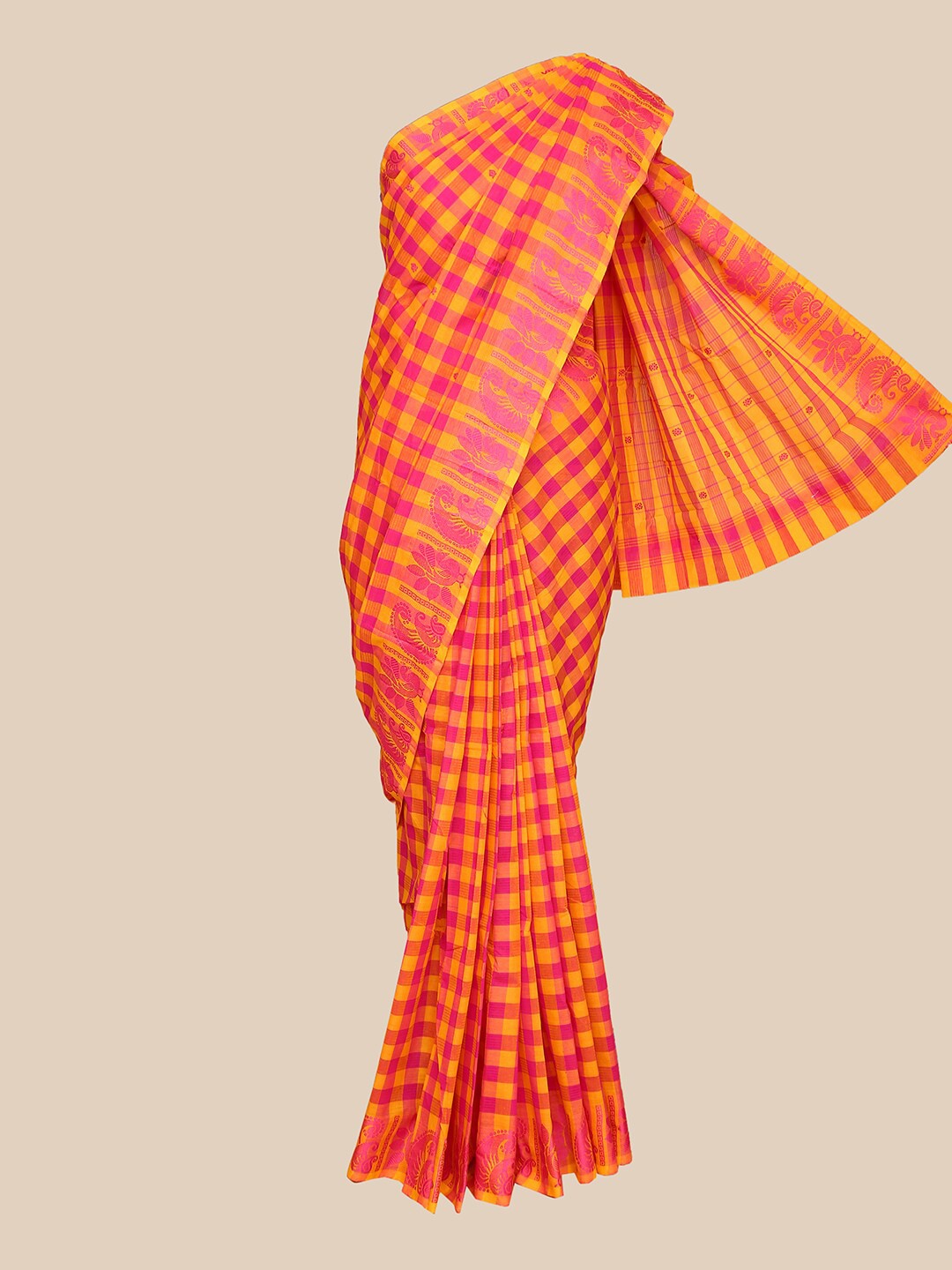 

The Chennai Silks Yellow & Pink Checked Pure Cotton Chettinad Saree