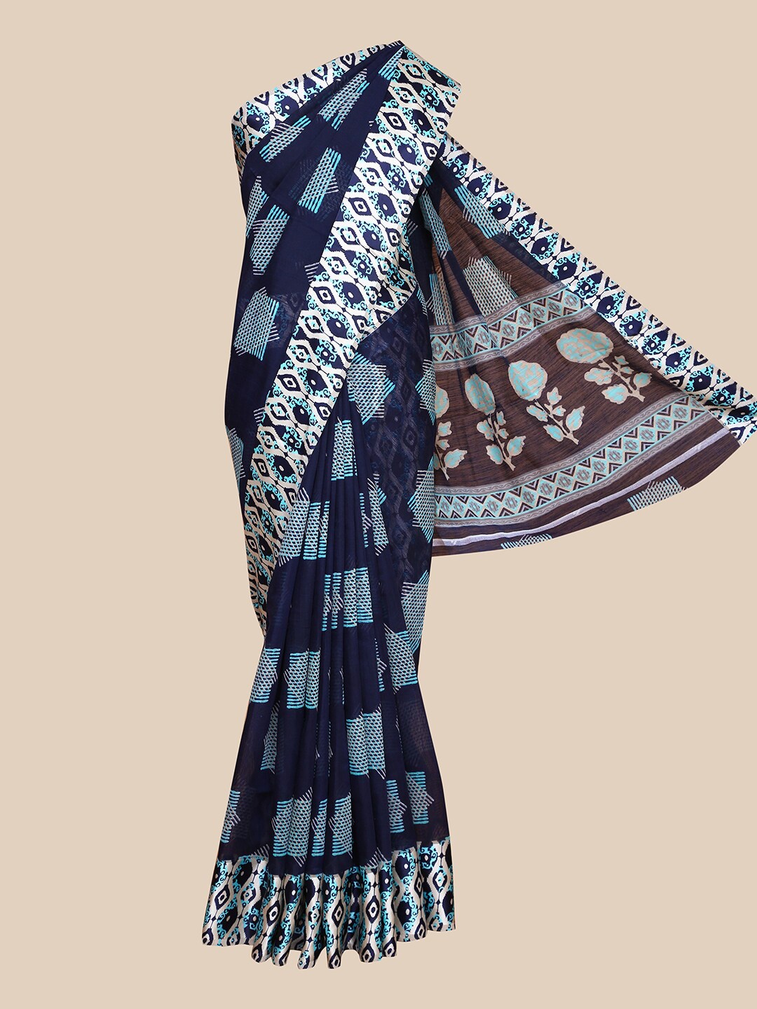 

The Chennai Silks Navy Blue & White Printed Fusion Chanderi Saree