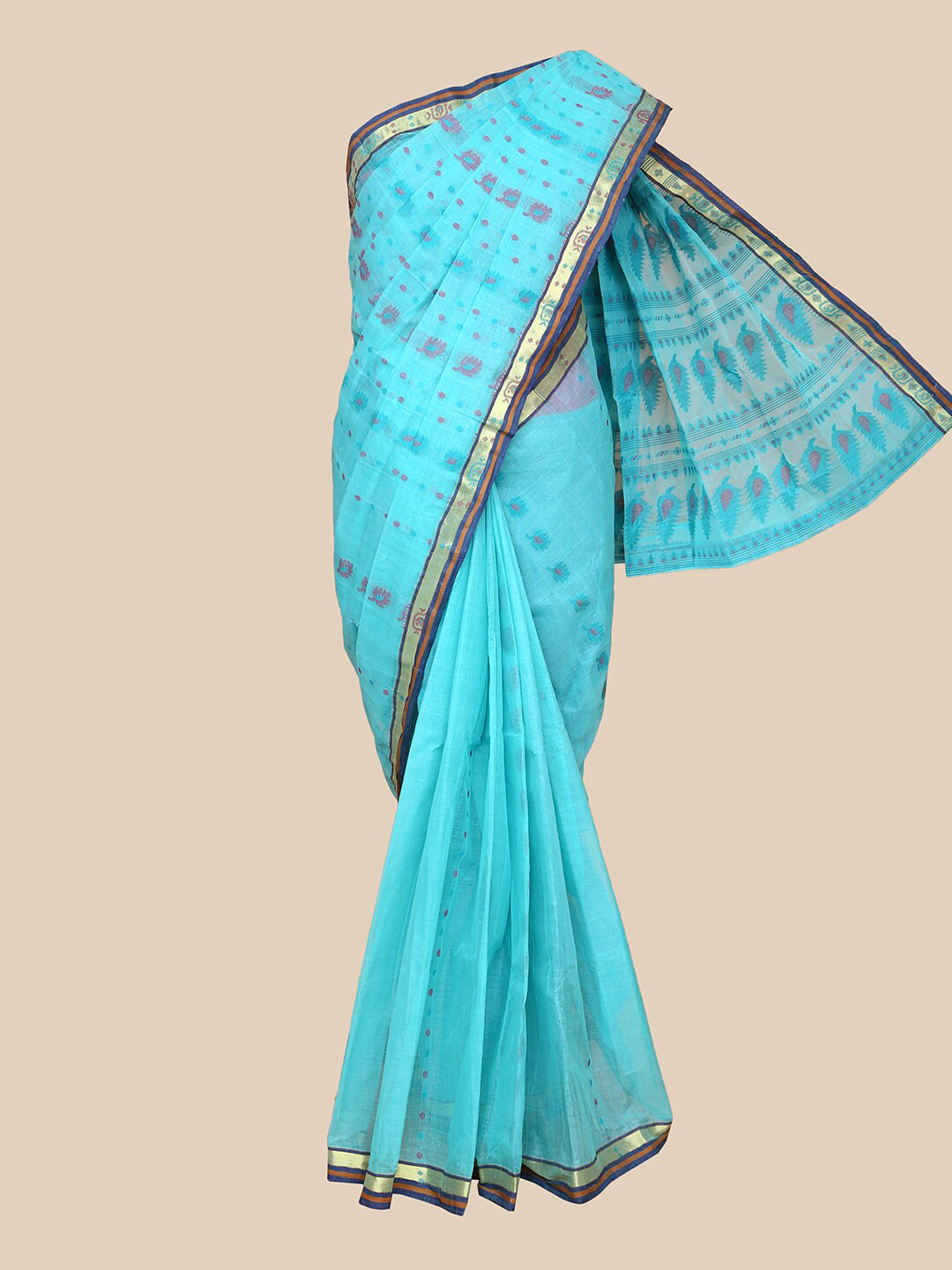 

The Chennai Silks Turquoise Blue & Gold-Toned Floral Zari Pure Cotton Taant Saree