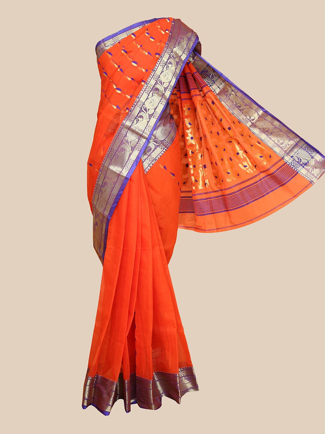 

The Chennai Silks Orange & Blue Pure Cotton Fusion Taant Saree