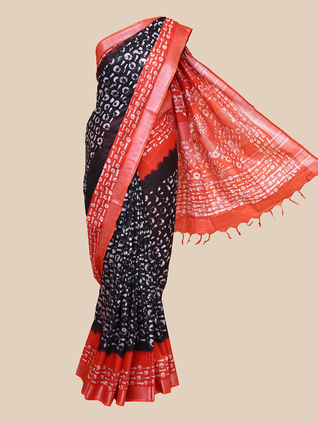 

The Chennai Silks Black & Red Batik Pure Cotton Fusion Saree
