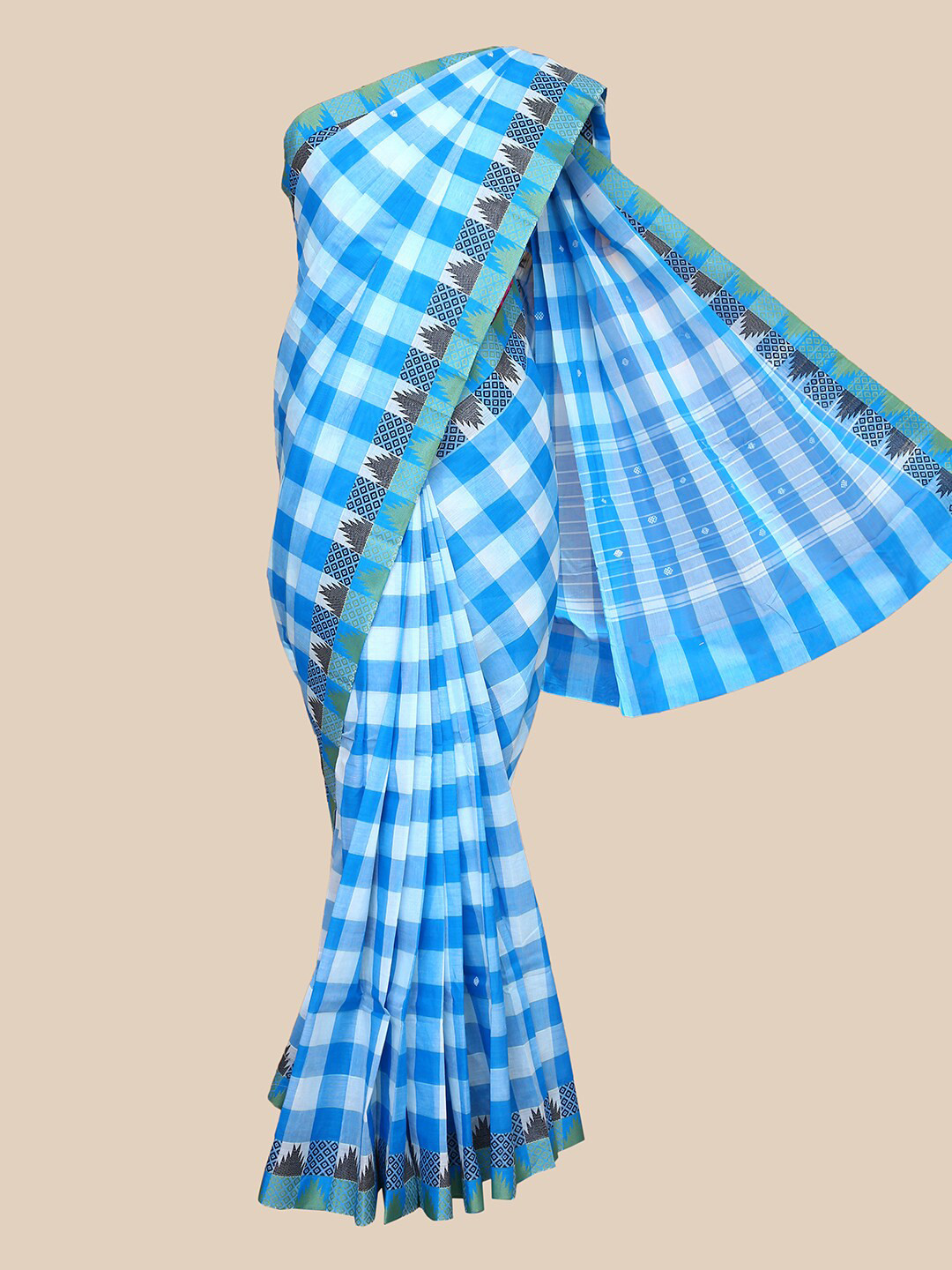 

The Chennai Silks Blue & Black Checked Zari Pure Cotton Chettinad Saree