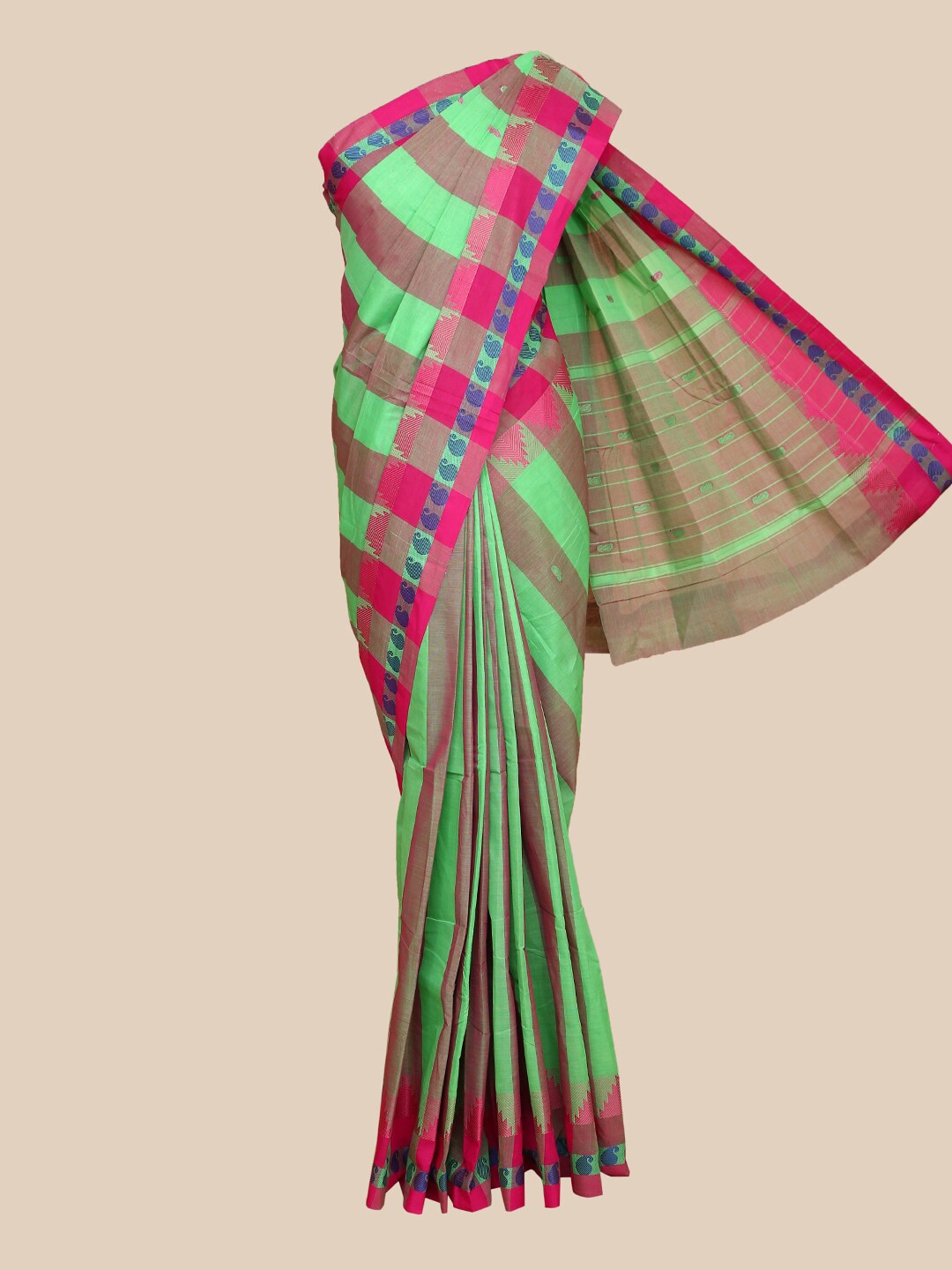 

The Chennai Silks Green & Pink Striped Pure Cotton Fusion Chettinad Saree