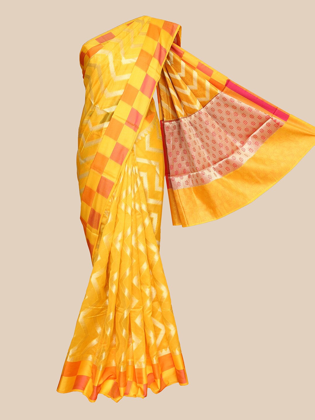 

The Chennai Silks Yellow & Pink Woven Design Organza Fusion Banarasi Saree