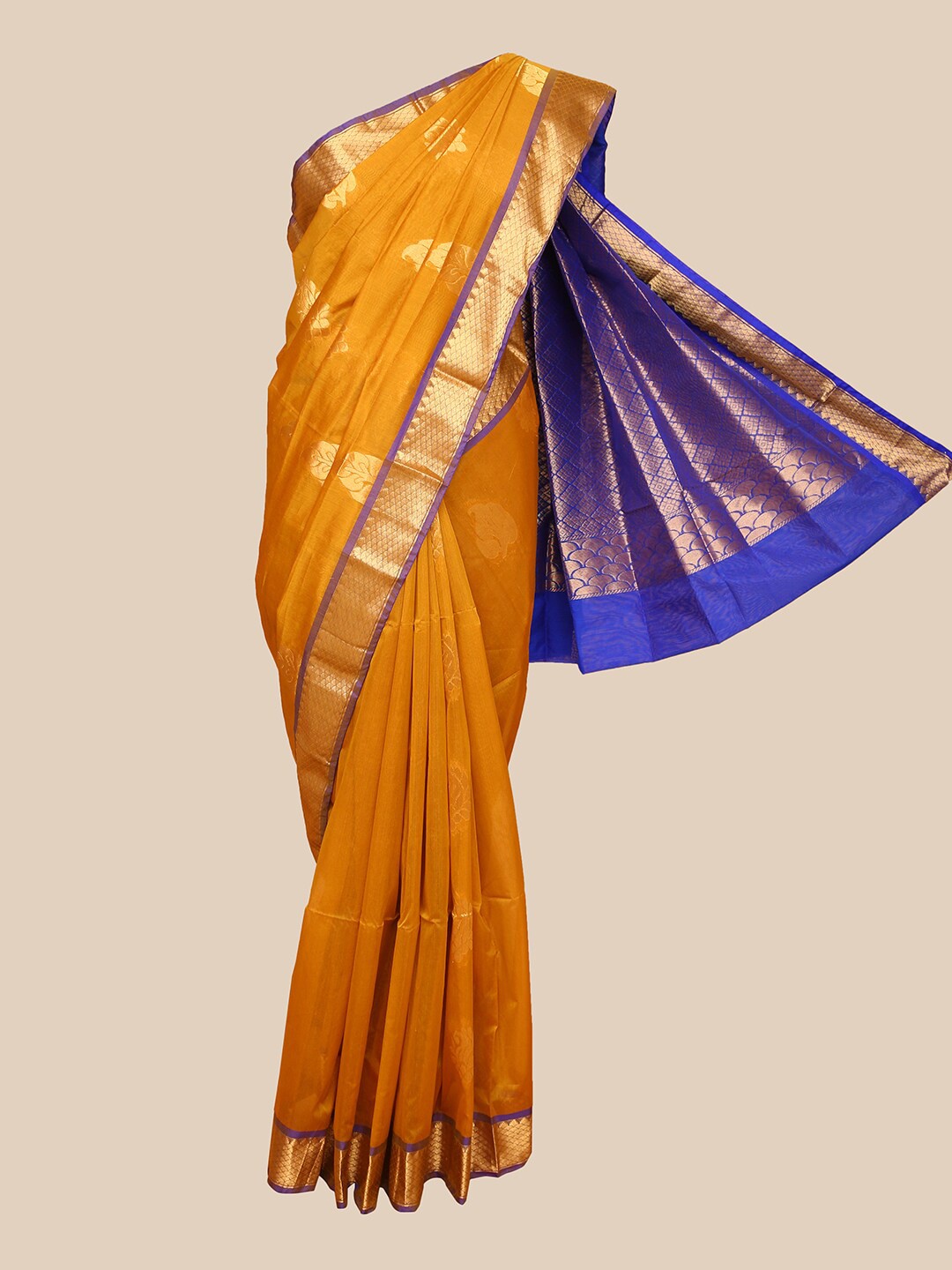 

The Chennai Silks Mustard & Blue Ethnic Motifs Zari Silk Cotton Maheshwari Saree