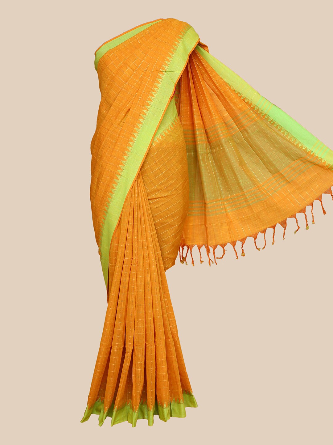 

The Chennai Silks Mustard & Green Checked Pure Cotton Fusion Saree