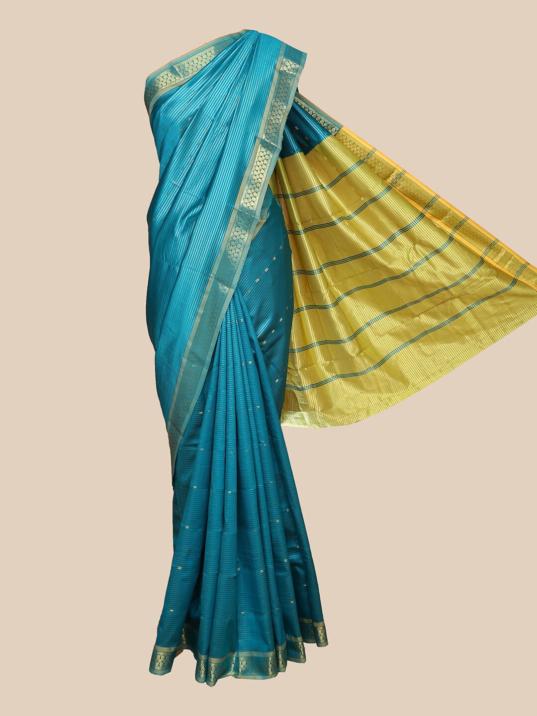 

The Chennai Silks Turquoise Blue & Gold-Toned Striped Zari Art Silk Saree