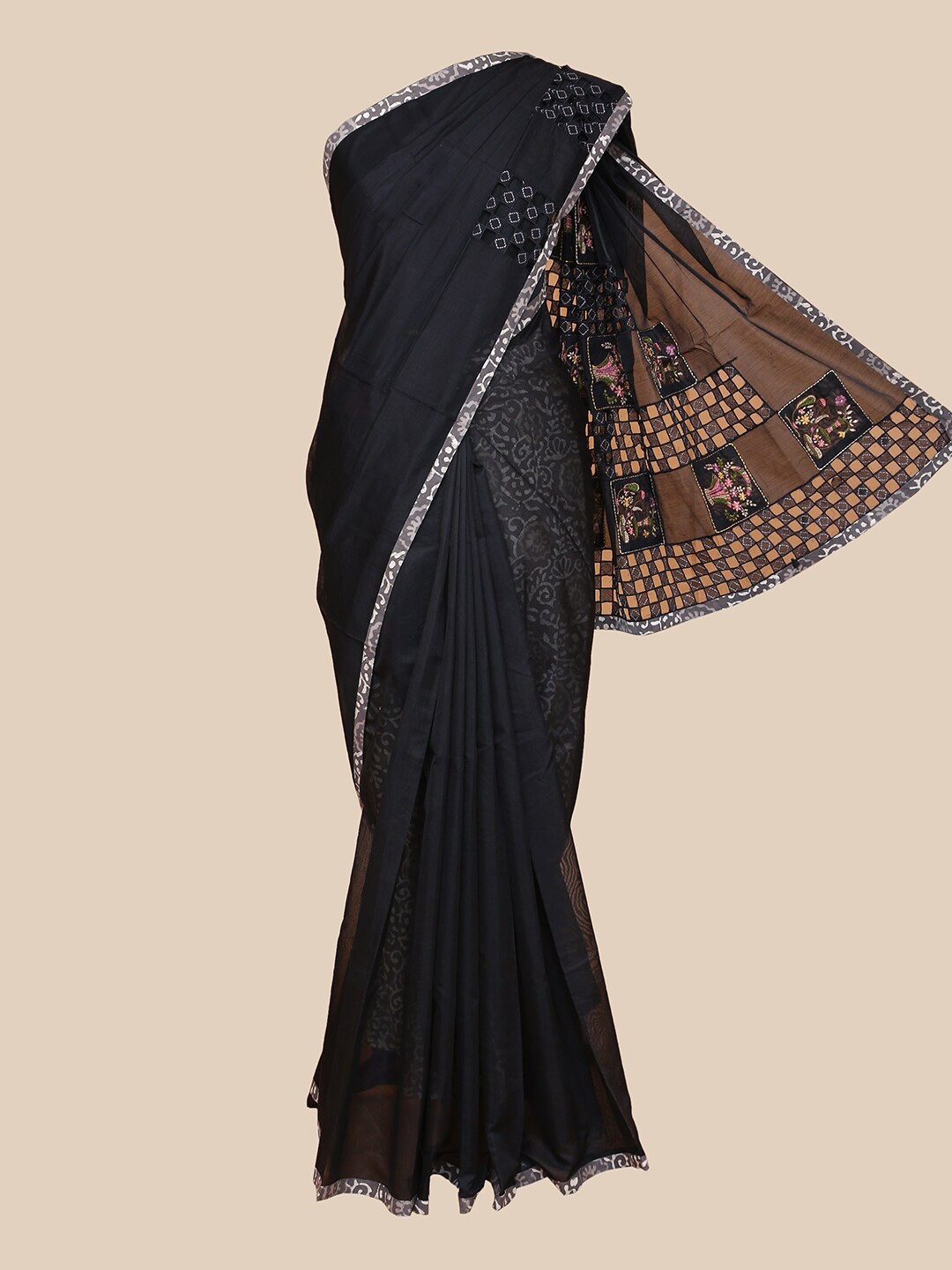 

The Chennai Silks Black & Brown Floral Patchwork Fusion Chanderi Saree
