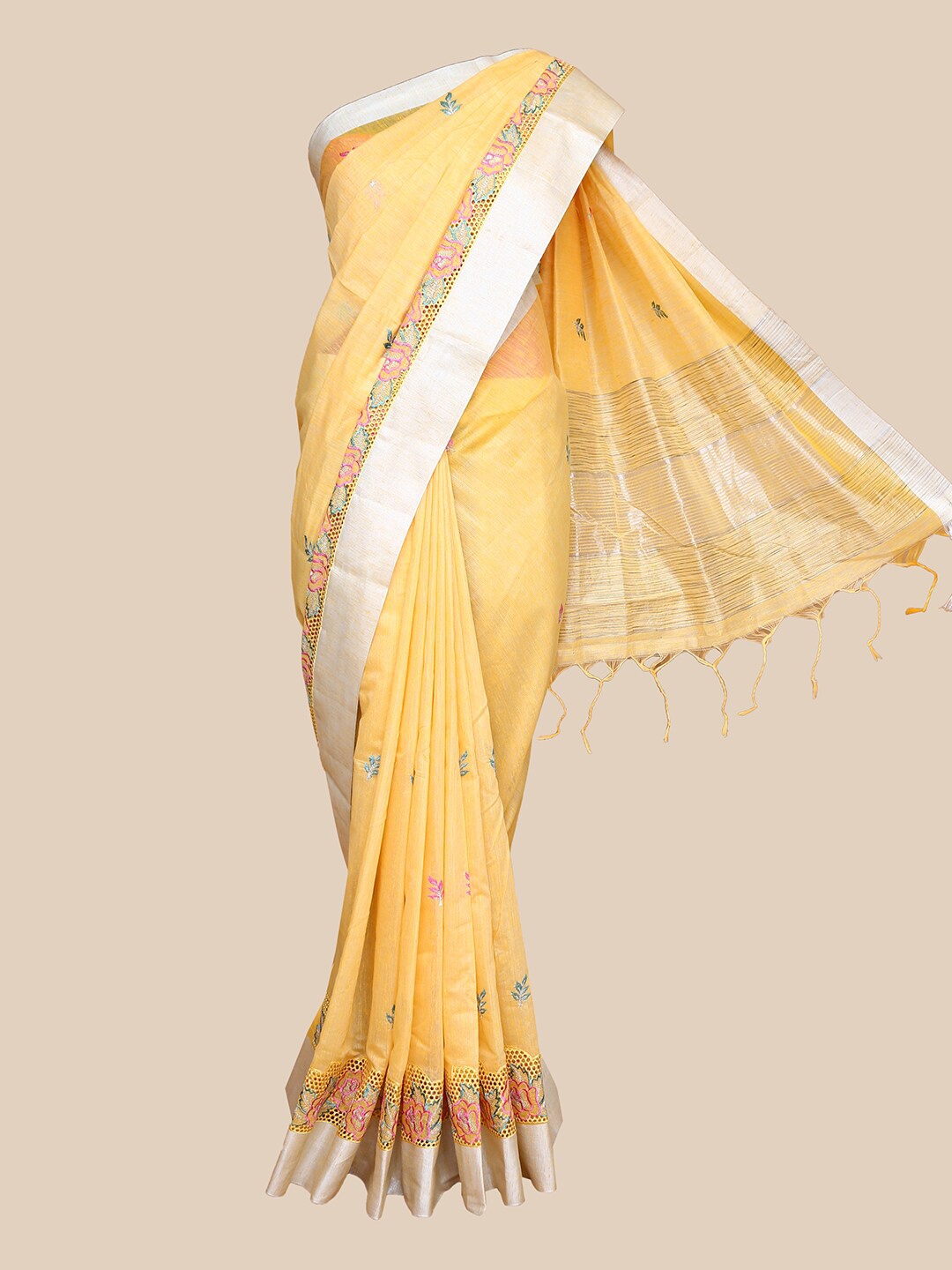 

The Chennai Silks Yellow & Pink Floral Jaali Satin Patta Border Chanderi Saree