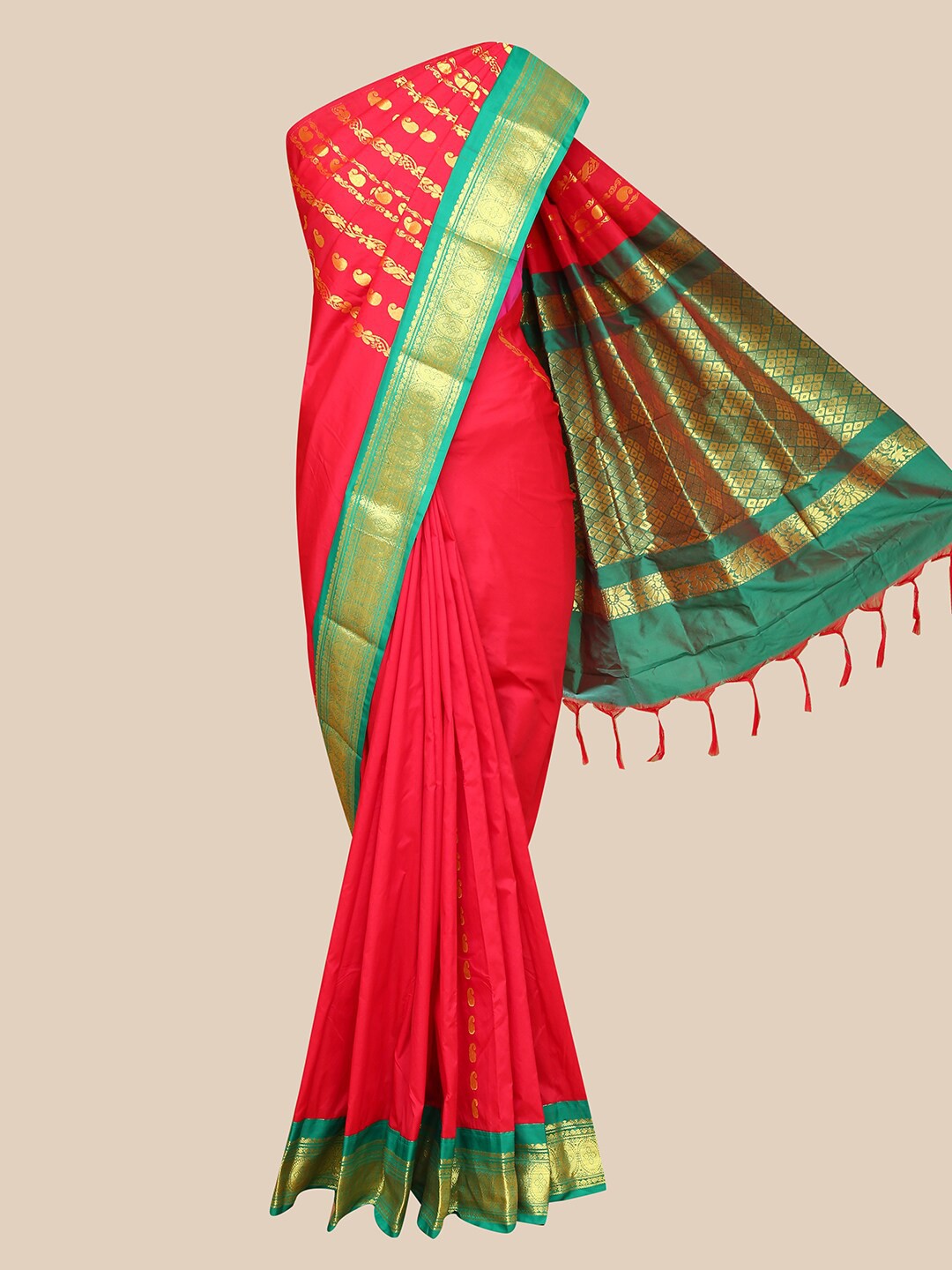 

The Chennai Silks Red & Green Woven Design Zari Art Silk Fusion Saree