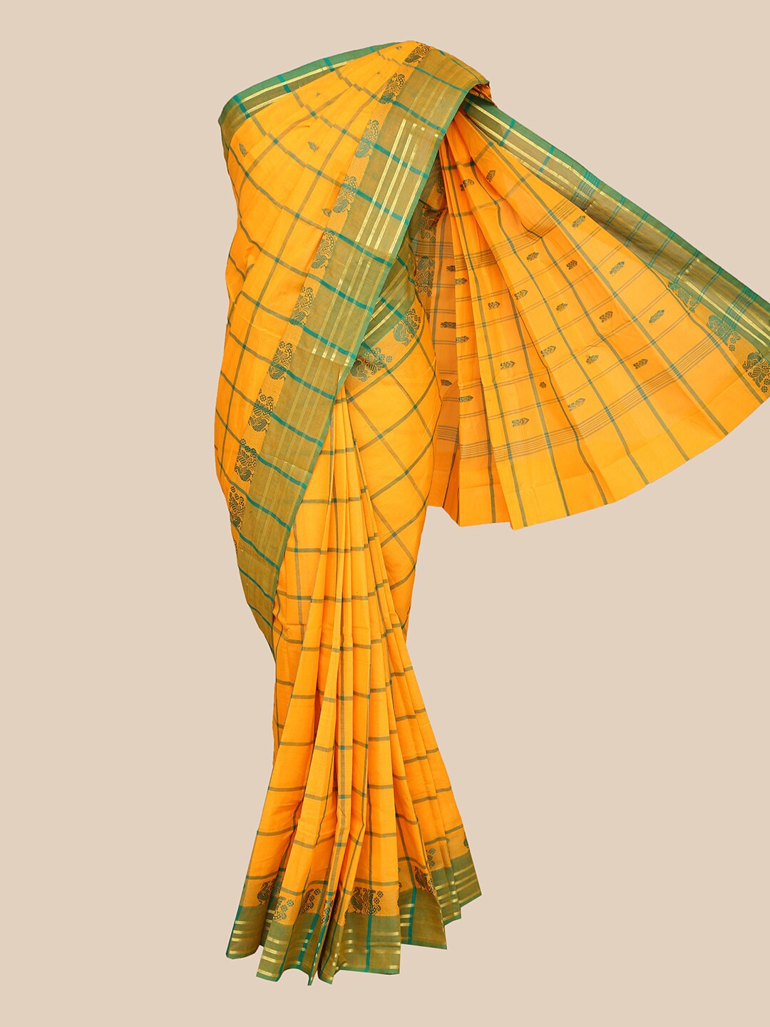 

The Chennai Silks Yellow & Green Checked Pure Cotton Fusion Chettinad Saree