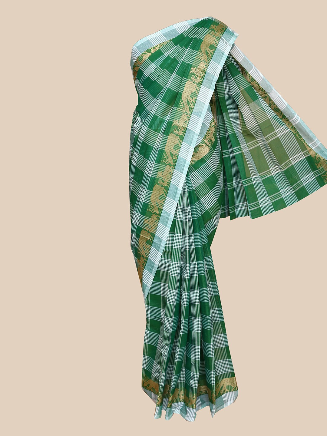 

The Chennai Silks Green & White Checked Zari Pure Cotton Chettinad Saree