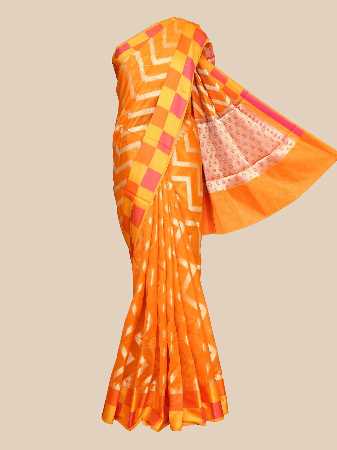 

The Chennai Silks Orange & Pink Geometric Printed Zari Organza Saree