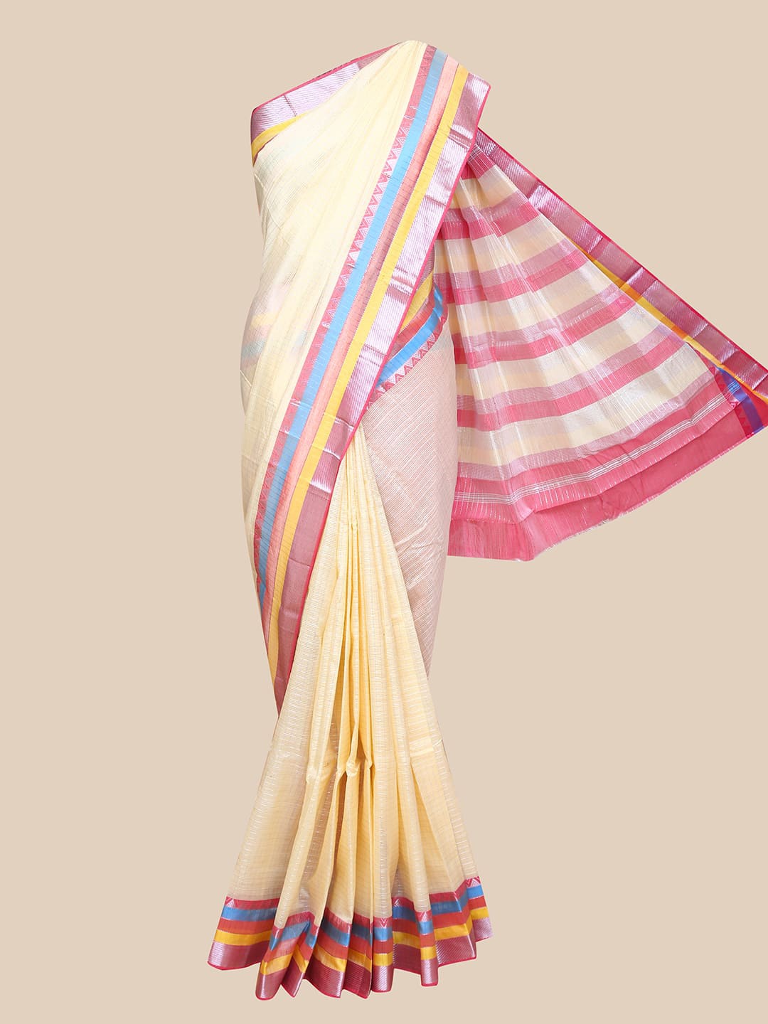 

The Chennai Silks Cream-Coloured & Pink Woven Design Pure Cotton Fusion Mangalagiri Saree