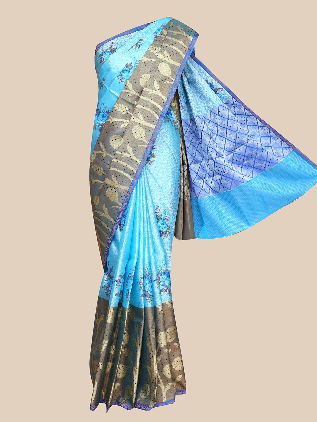 

The Chennai Silks Blue & Brown Floral Woven Design Silk Blend Saree