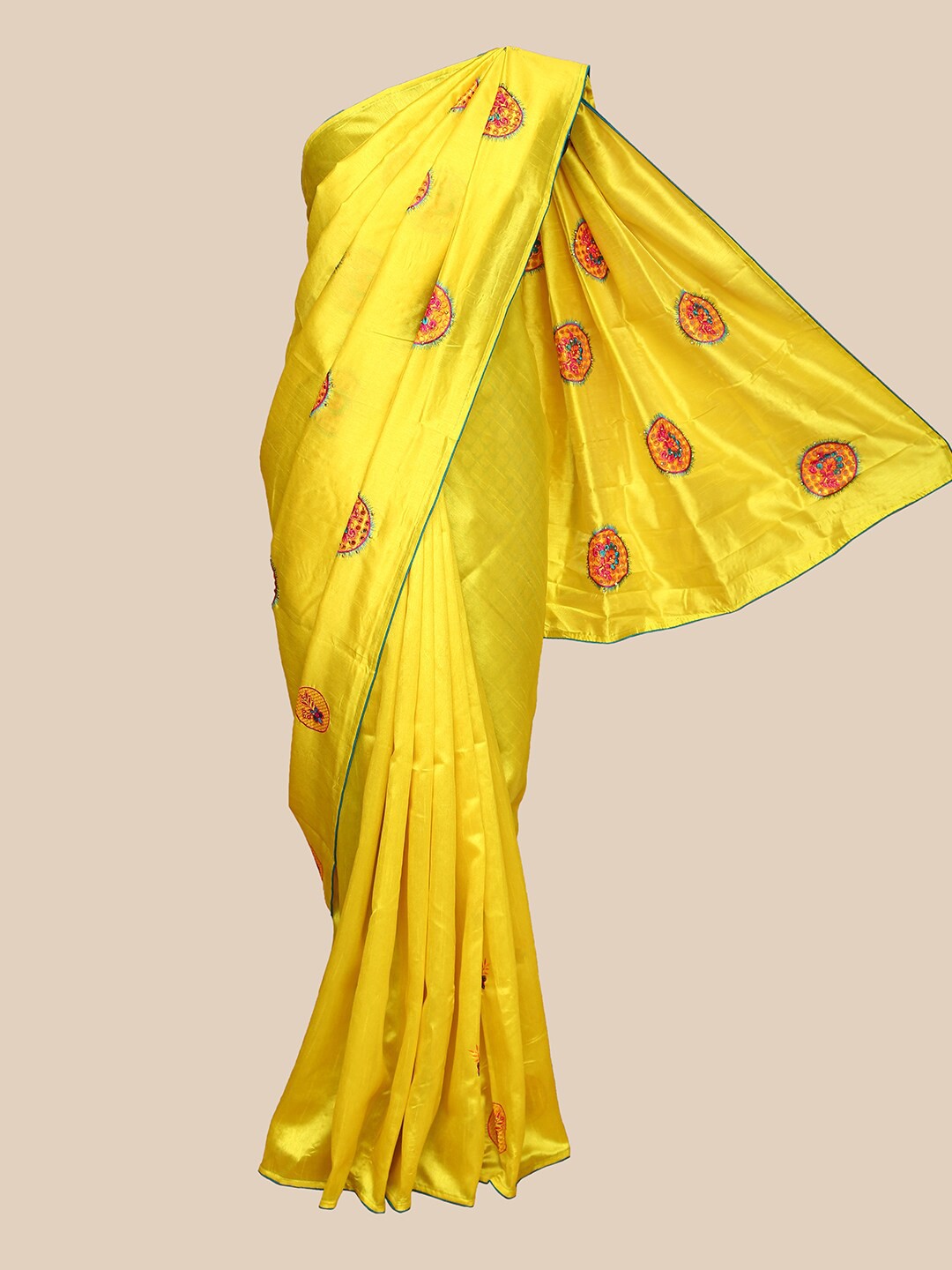 

The Chennai Silks Yellow & Pink Embellished Ethnic Motifs Embroidered Saree