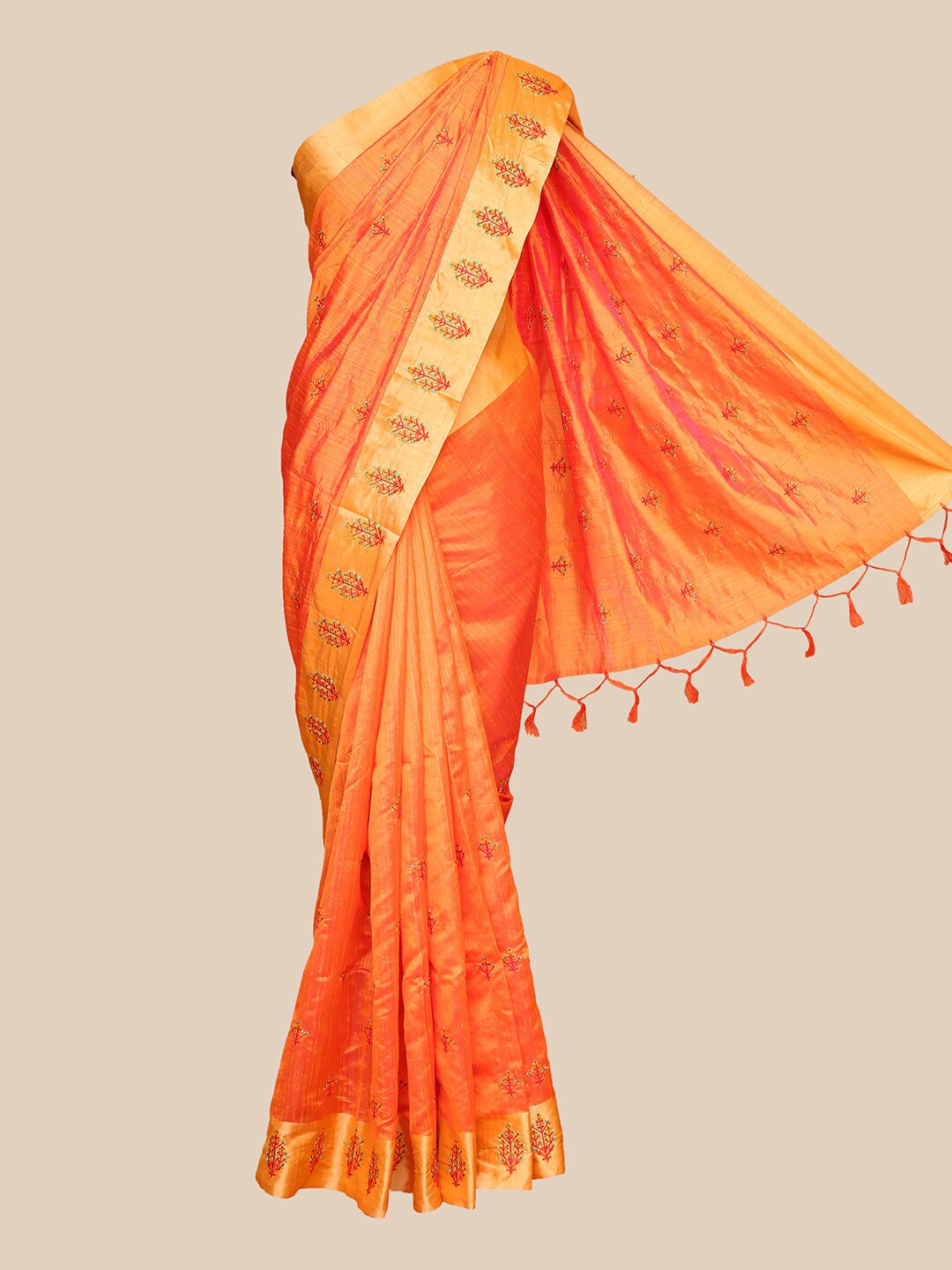

The Chennai Silks Orange & Green Embellished Embroidered Fusion Banarasi Saree