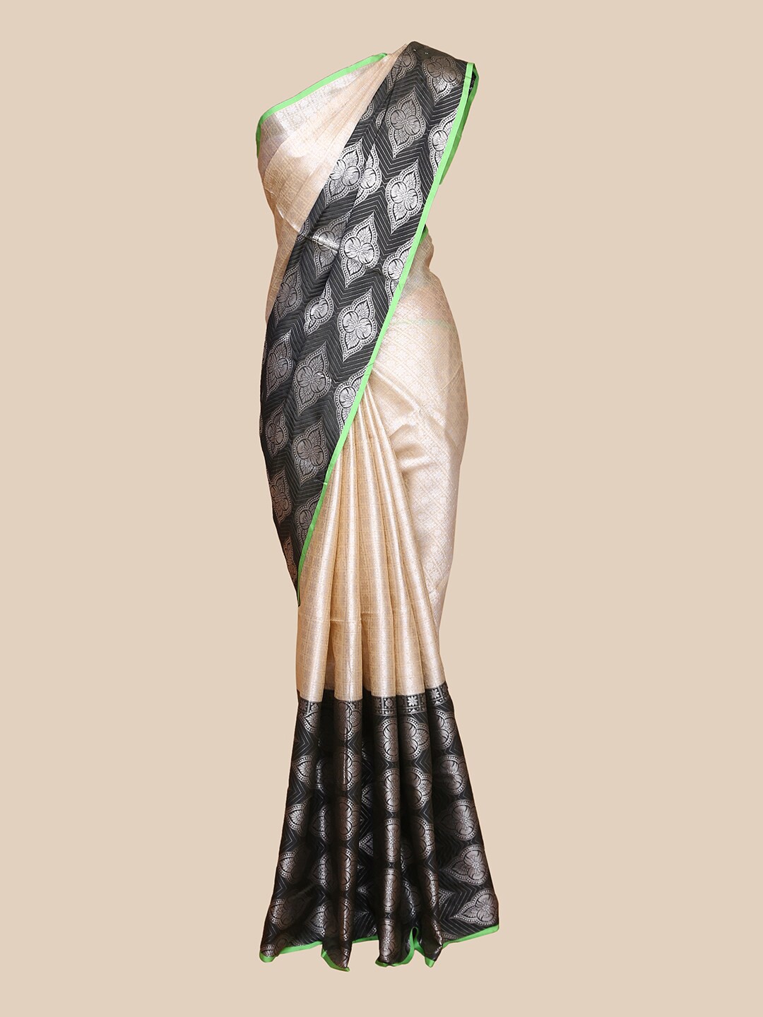 

The Chennai Silks Beige & Black Floral Zari Organza Banarasi Saree