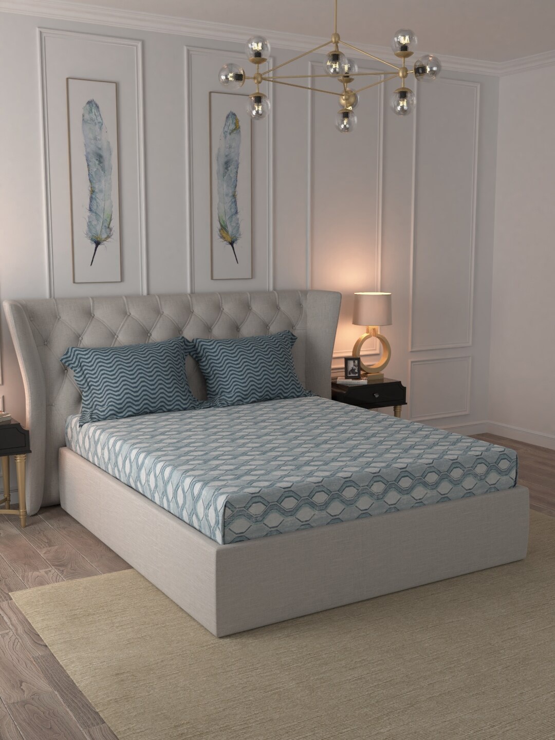 

MYTRIDENT Blue Off White Geometric 180 TC King Bedsheet with 2 Pillow Covers