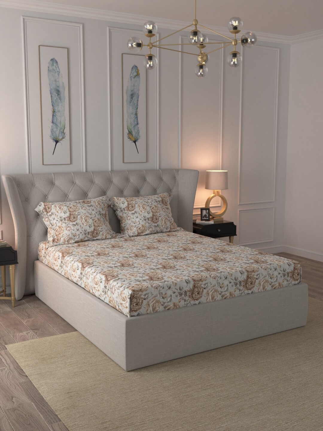

MYTRIDENT Grey Brown Floral 180 TC King Bedsheet with 2 Pillow Covers