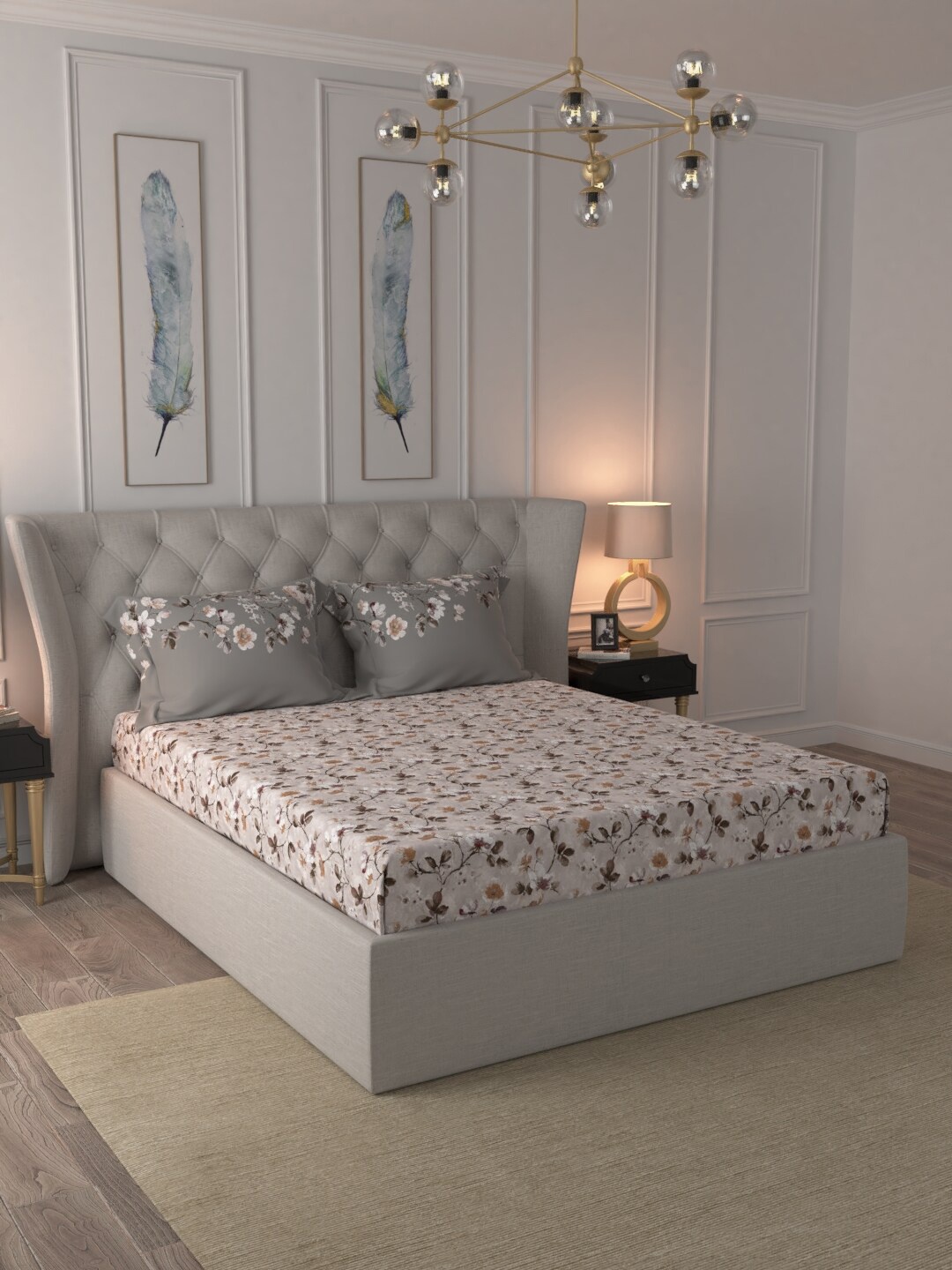 

MYTRIDENT Beige Grey Floral 180 TC King Bedsheet with 2 Pillow Covers