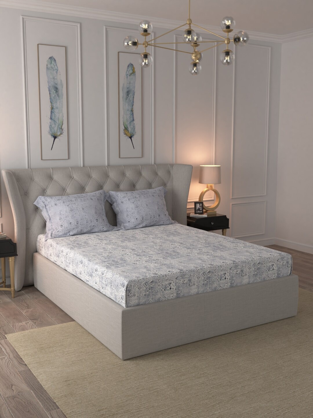

MYTRIDENT Grey Off White Floral 180 TC King Bedsheet with 2 Pillow Covers