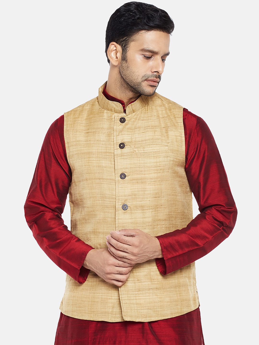 

indus route by Pantaloons Men Gold-Toned Woven Design Nehru Jacket