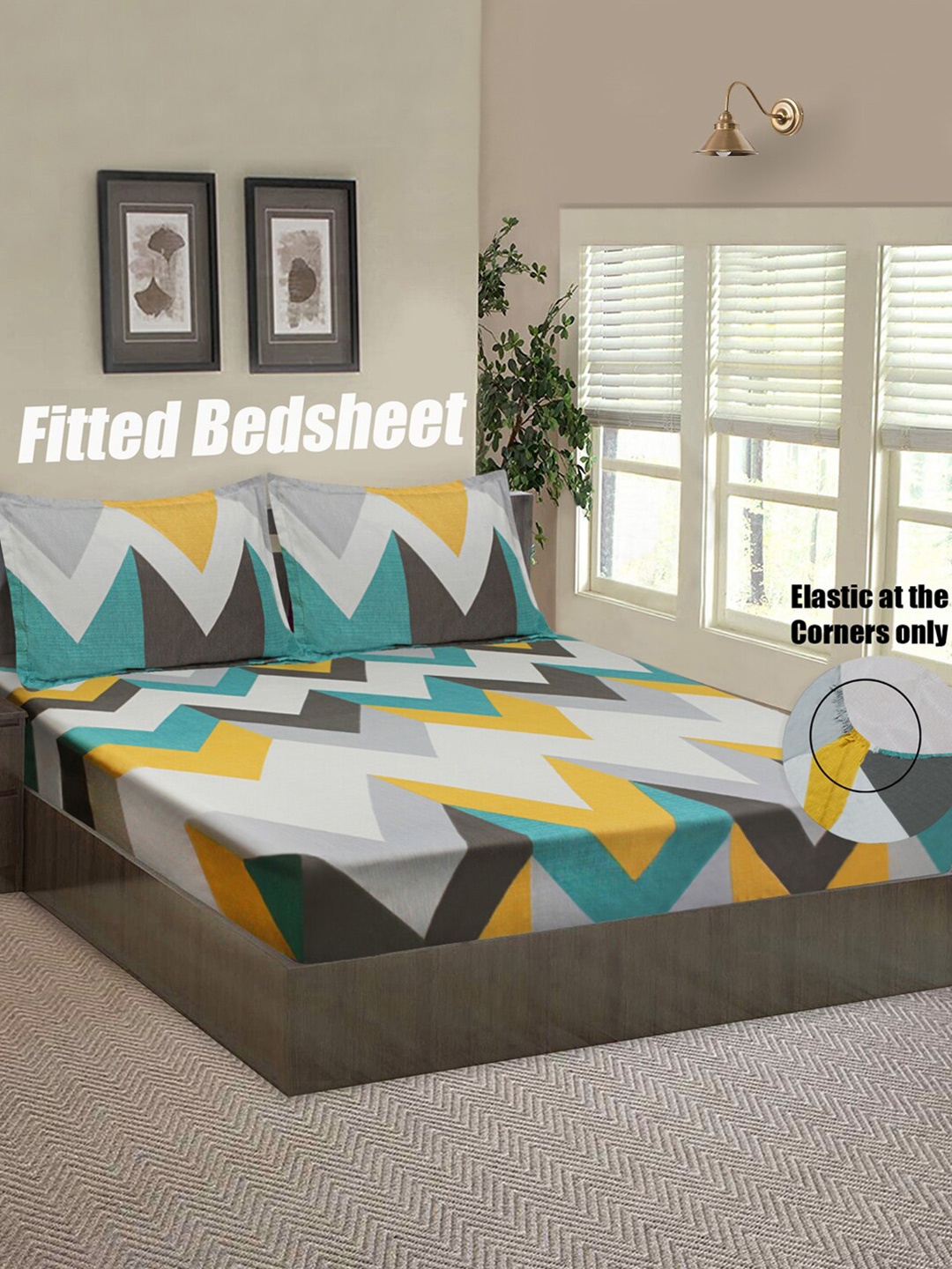 

Good Homes by Home Candy White & Sea Green Geometric 144 TC Queen Bedsheet with 2 Pillow Covers