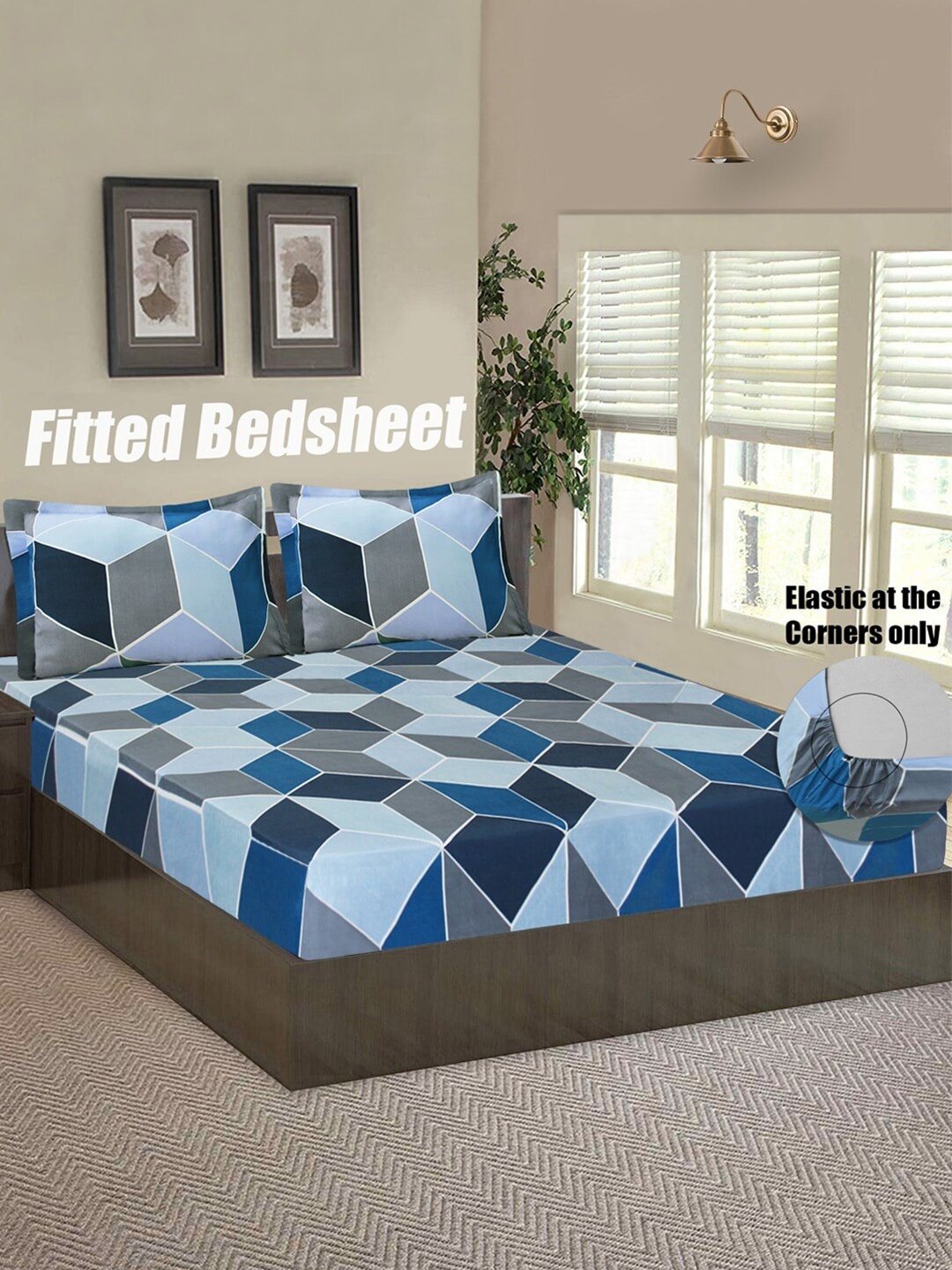 

Good Homes by Home Candy Blue & Grey Geometric 144 TC Queen Bedsheet with 2 Pillow Covers