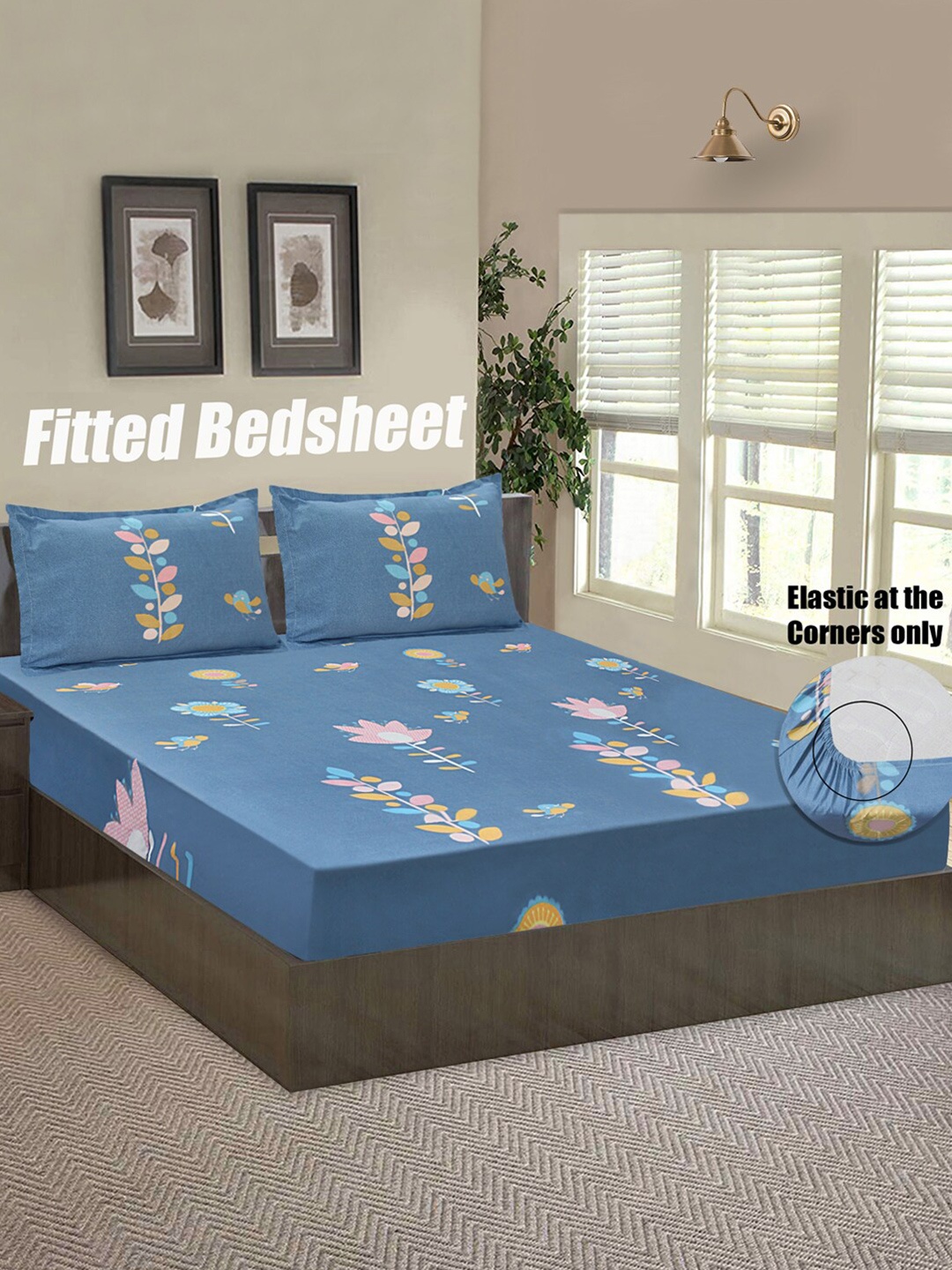 

Good Homes by Home Candy Blue & Pink Floral 144 TC Queen Bedsheet with 2 Pillow Covers